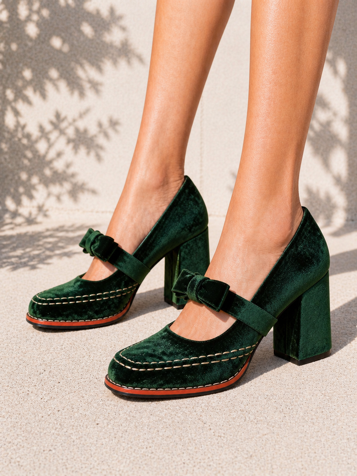Women's Velvet Mary Jane Heels - Bow Detail Block Heel product image | Invictora.com