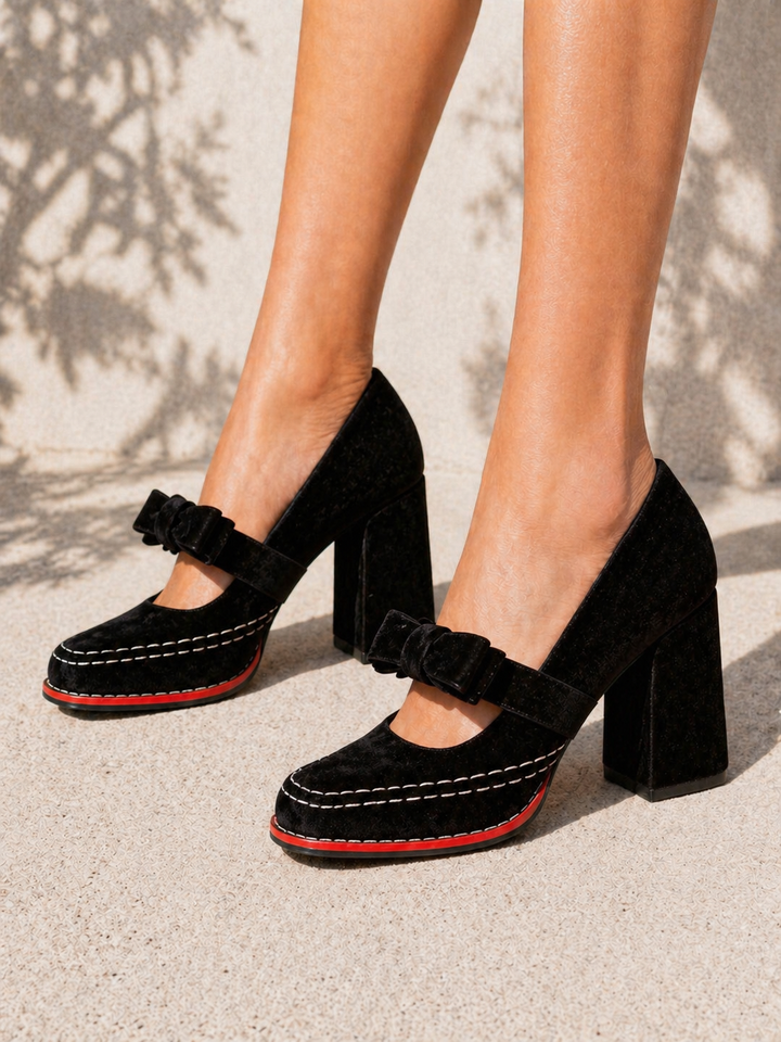 Women's Velvet Mary Jane Heels - Bow Detail Block Heel product image | Invictora.com