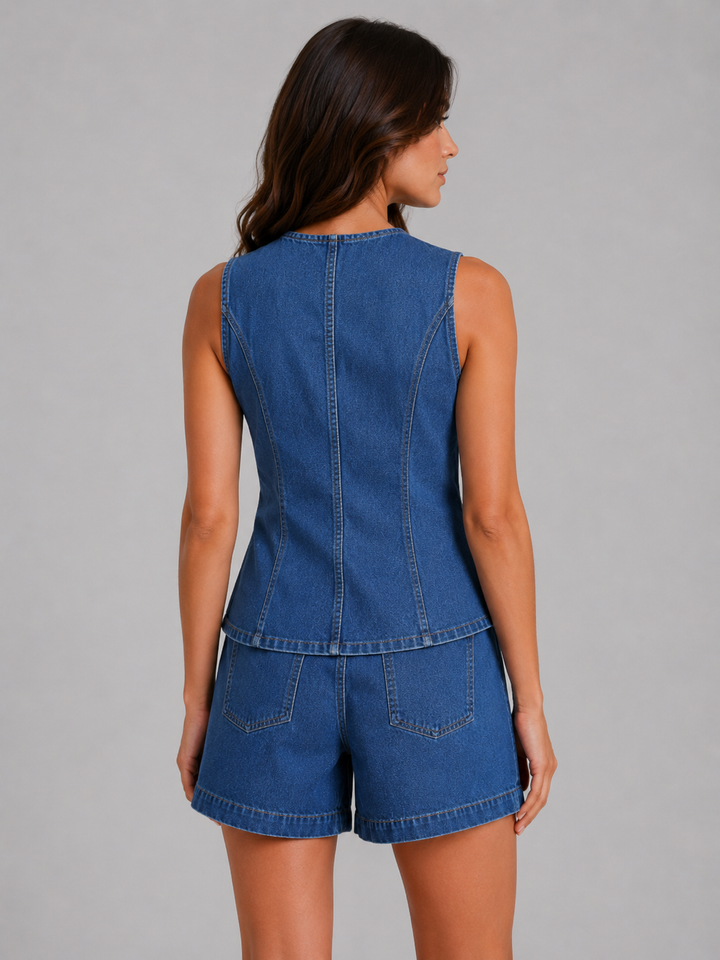 Women's Waistcoat & Shorts Denim Co-Ord Set - Summer Two-Piece product image | Invictora.com