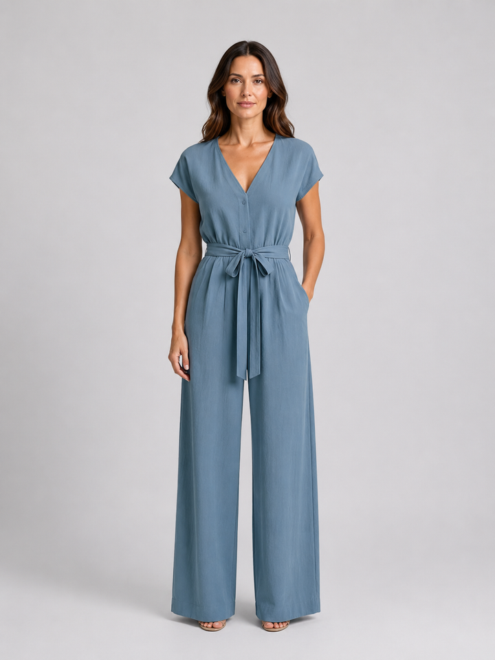 Women's Relaxed Wide Leg Jumpsuit – Tie Waist Summer Style in White | Invictora.com