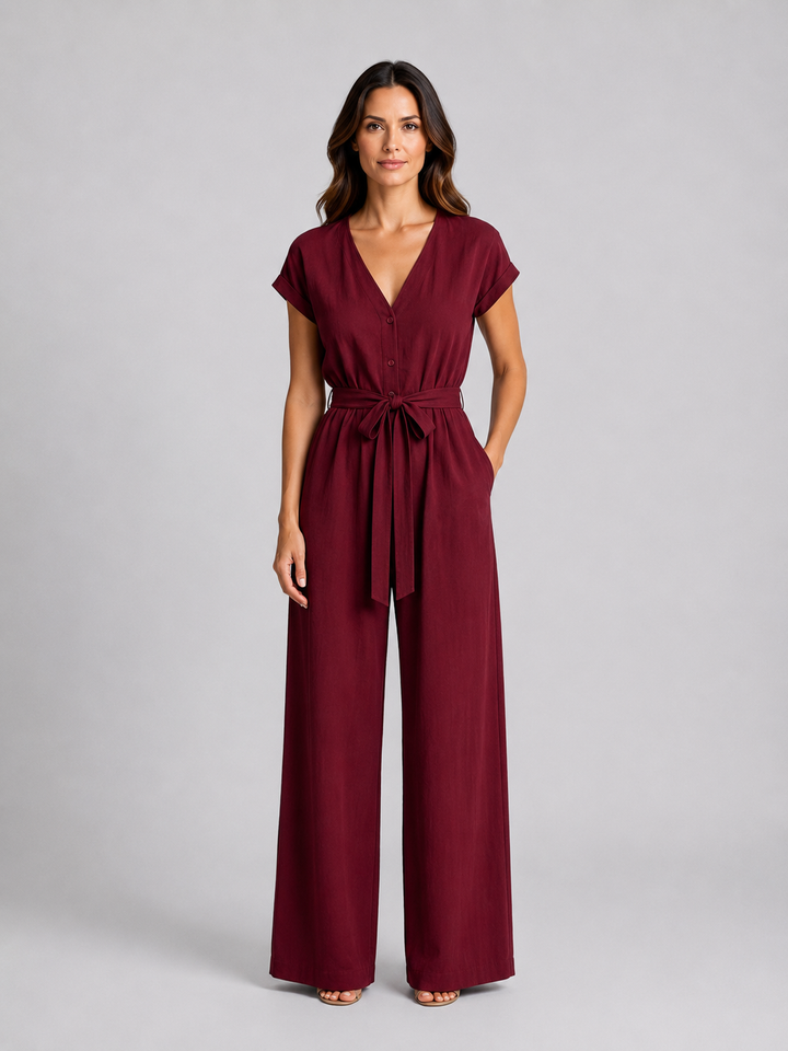 Women's Relaxed Wide Leg Jumpsuit – Tie Waist Summer Style in Blue | Invictora.com