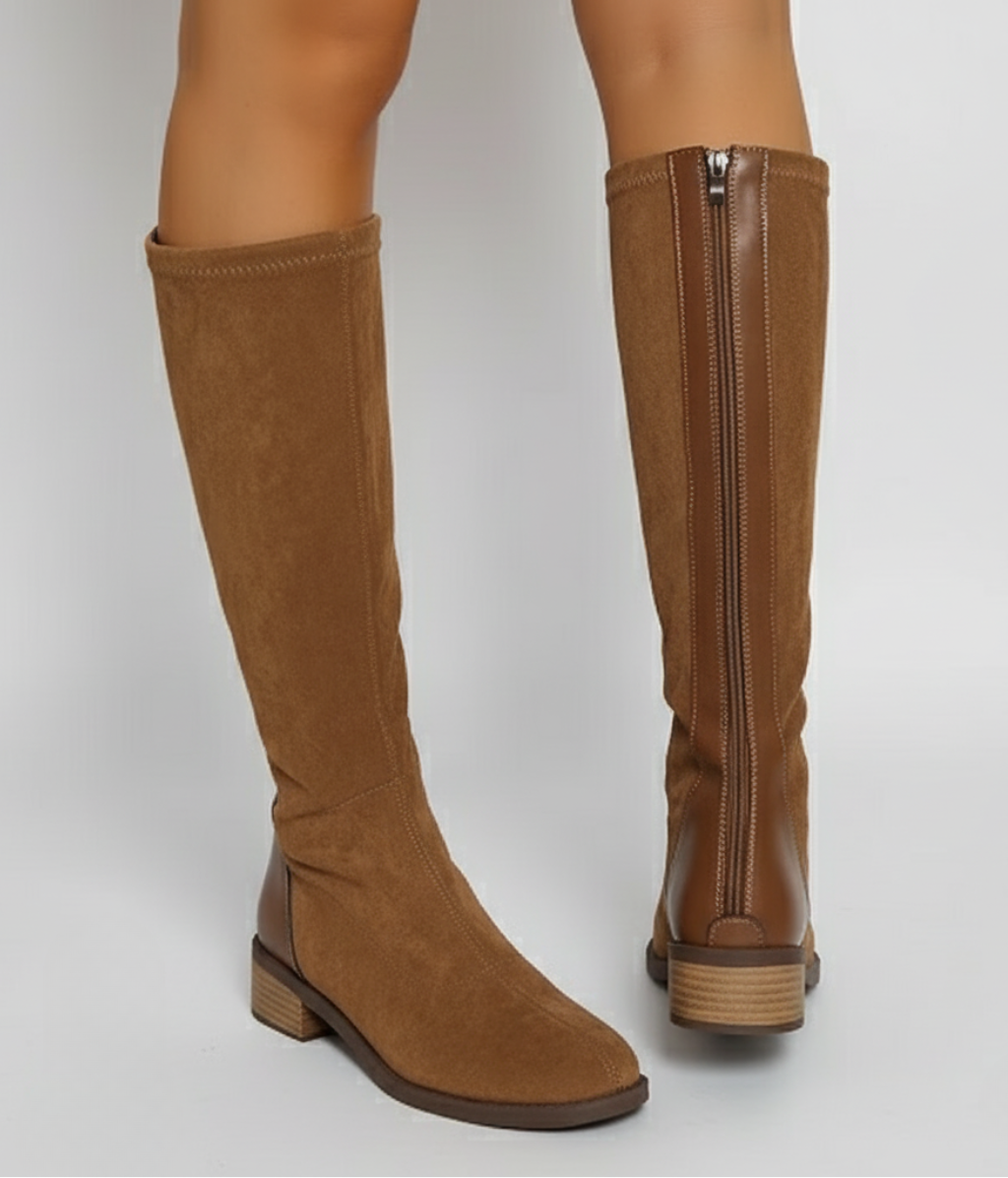 Women's Knee-High Boots – Suede Look Classic Block Heel Style in Light Brown | Invictora.com