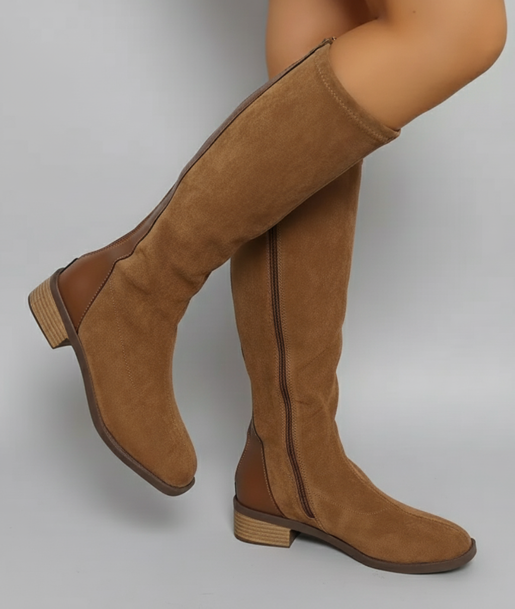 Women's Knee-High Boots – Suede Look Classic Block Heel Style in Light Brown | Invictora.com