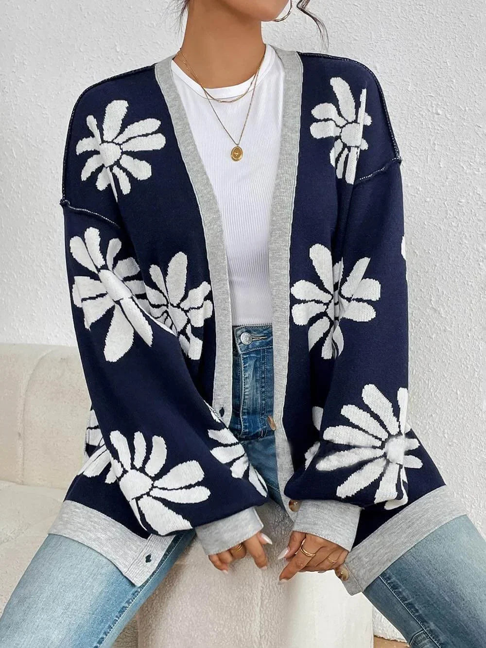 Women's Cardigan – Oversized Floral Knit