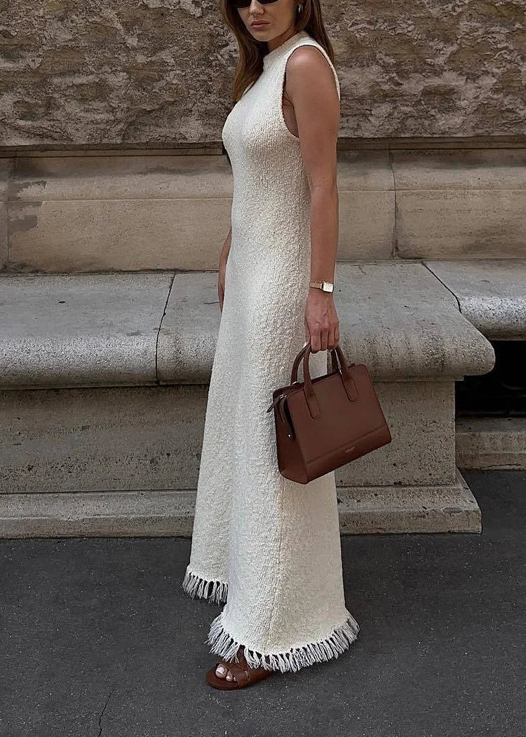 Women's Maxi Dress – Sleeveless Knit Fringe