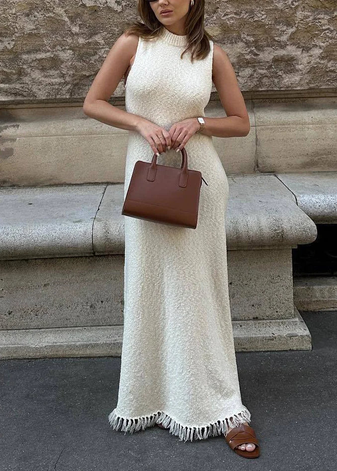 Women's Maxi Dress – Sleeveless Knit Fringe