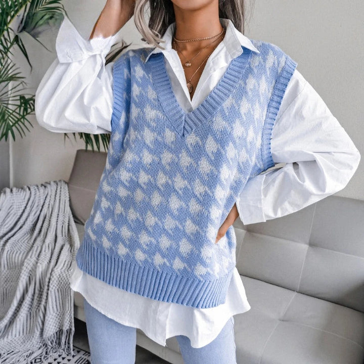 Women's Knitted Vest – Houndstooth V-Neck