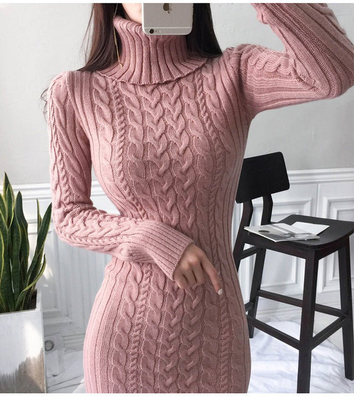 Women's Midi Dress – Cable Knit Roll Neck Winter