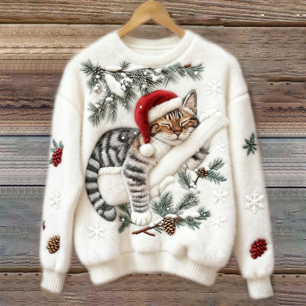 Women's Jumper – Festive Cat Print Crew Neck Christmas