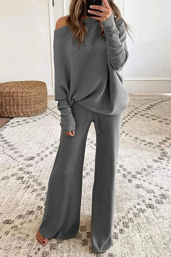Women's Two-Piece Set – Knit Two-Piece Set Asymmetric Top & Trousers