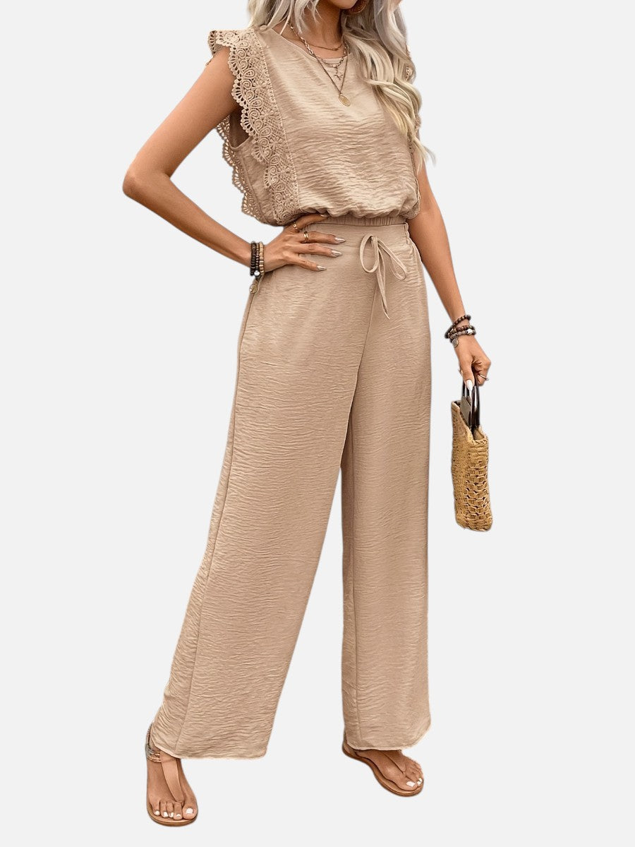 Women's Two Piece Outfit Set – Relaxed Top & Wide Leg Trousers in Beige | Invictora.com