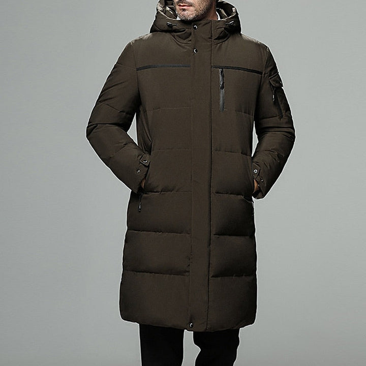 Extended-Length Hooded Puffer Coat with Zip Pockets