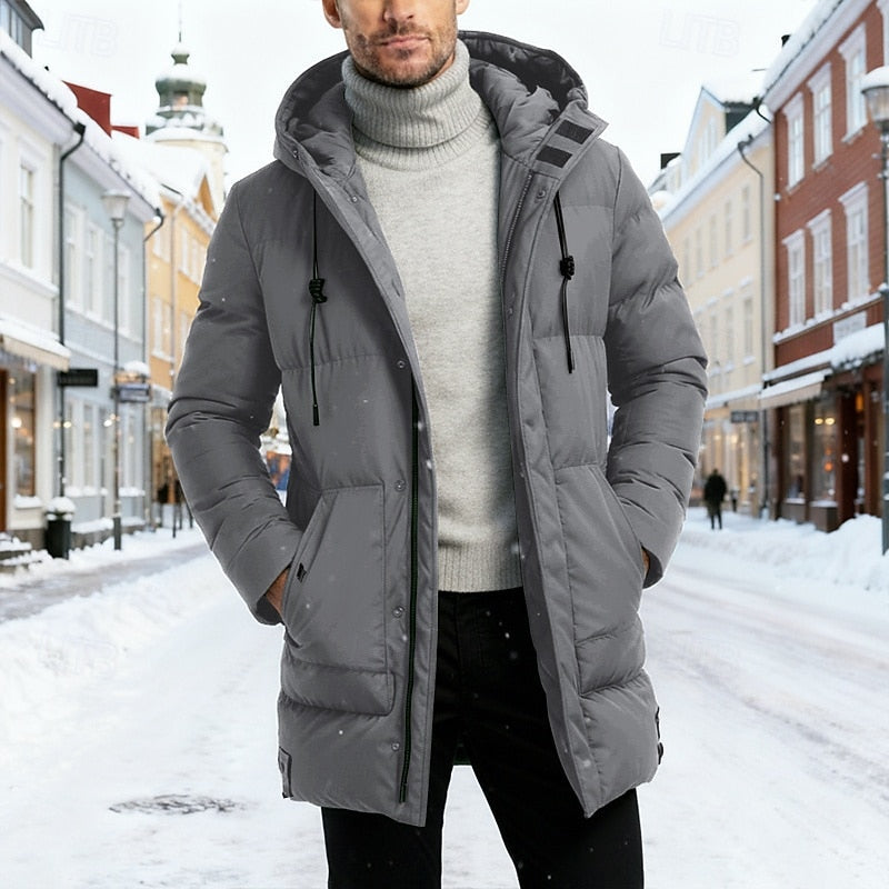 Longline Puffer Coat with Drawstring Hood and Deep Pockets