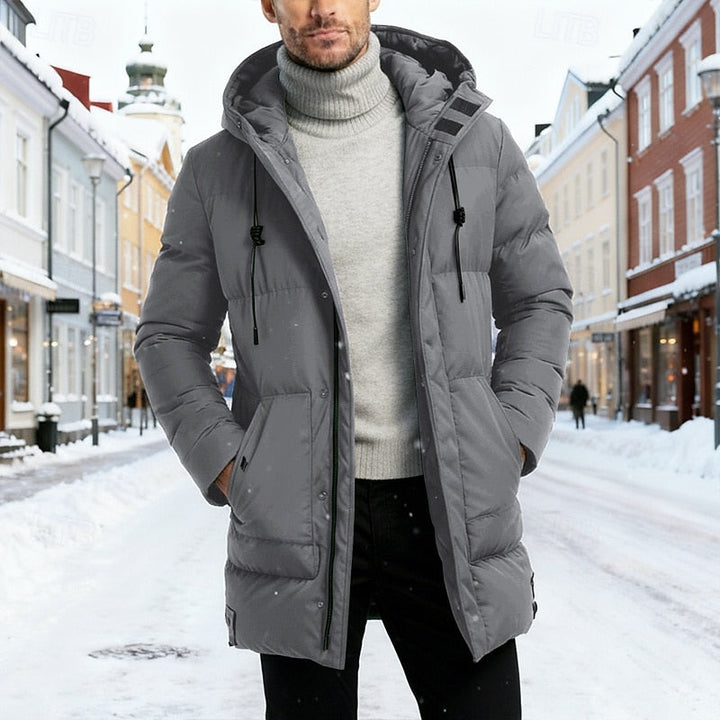 Longline Puffer Coat with Drawstring Hood and Deep Pockets