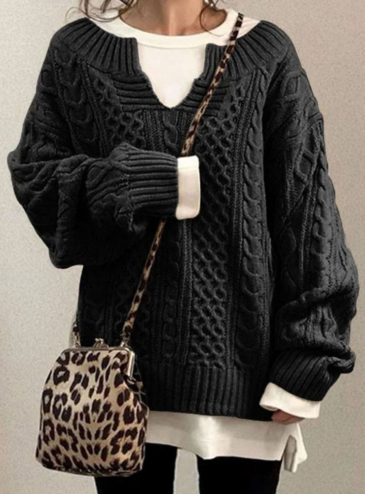 Women's Jumper – Oversized Cable Knit V-Neck Pullover