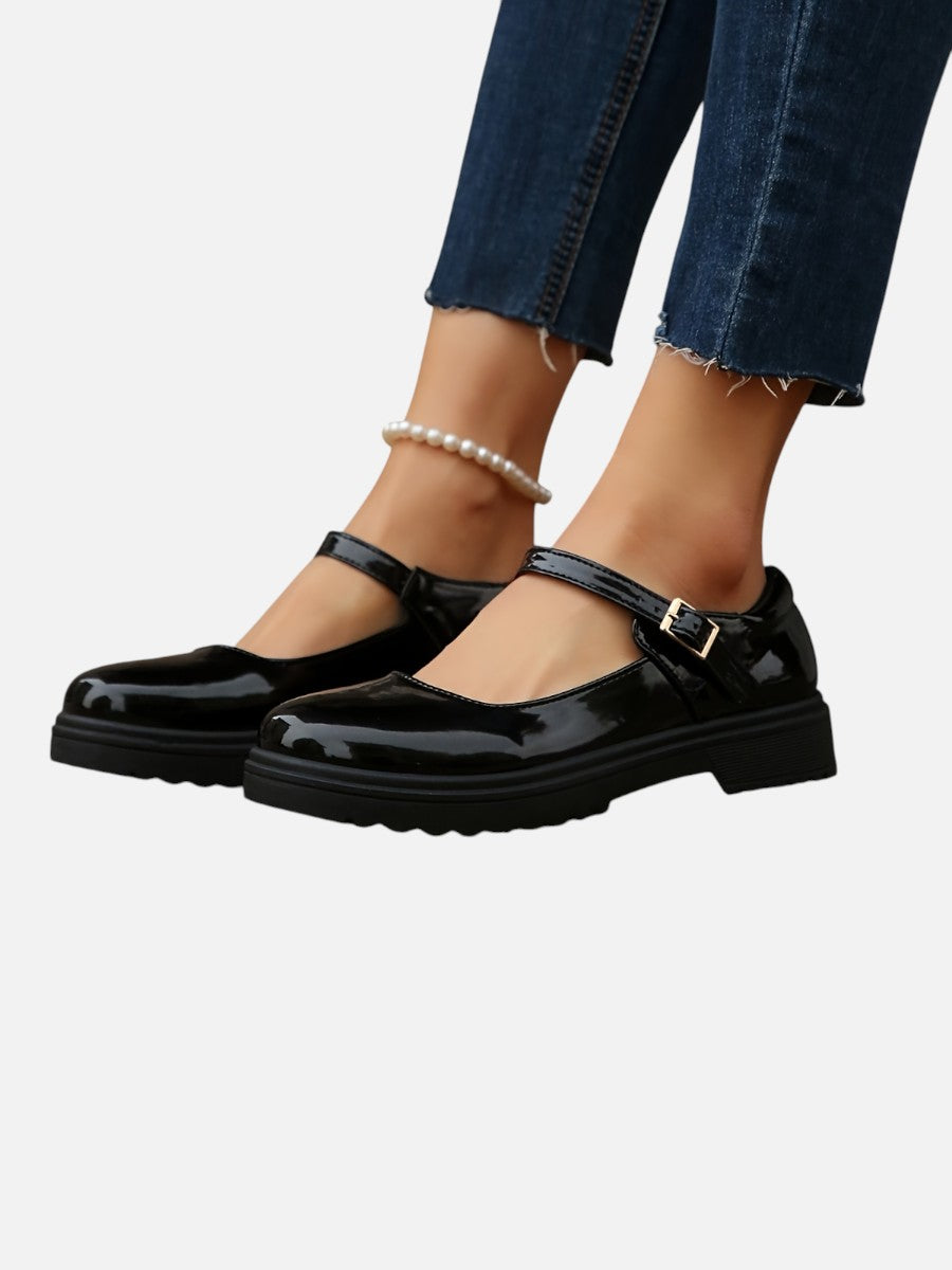 Women's Glossy Leather Look Mary Jane Loafers – Comfort Style in Black | Invictora.com