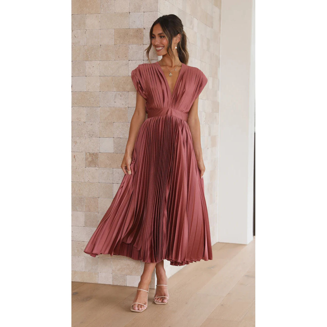 Women's Midi Dress – V-Neck Pleated Party