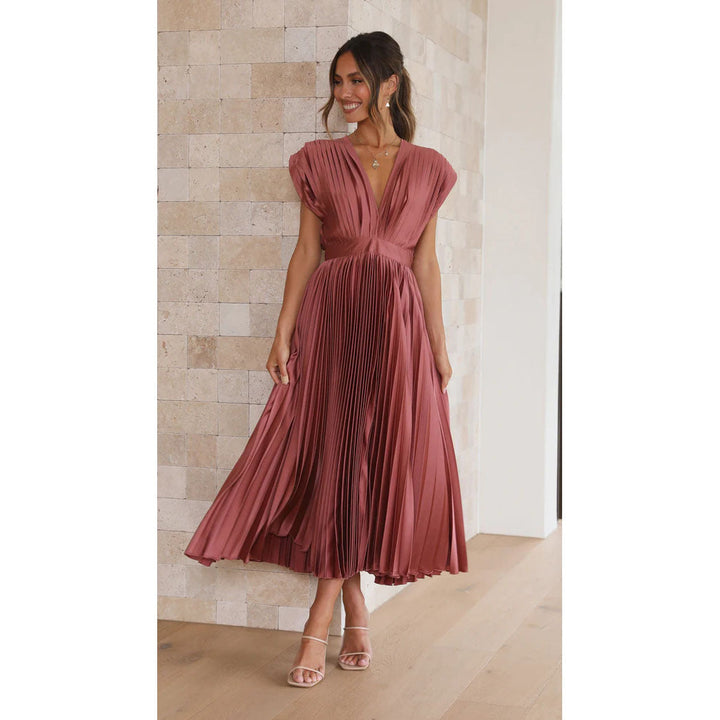 Women's Midi Dress – V-Neck Pleated Party