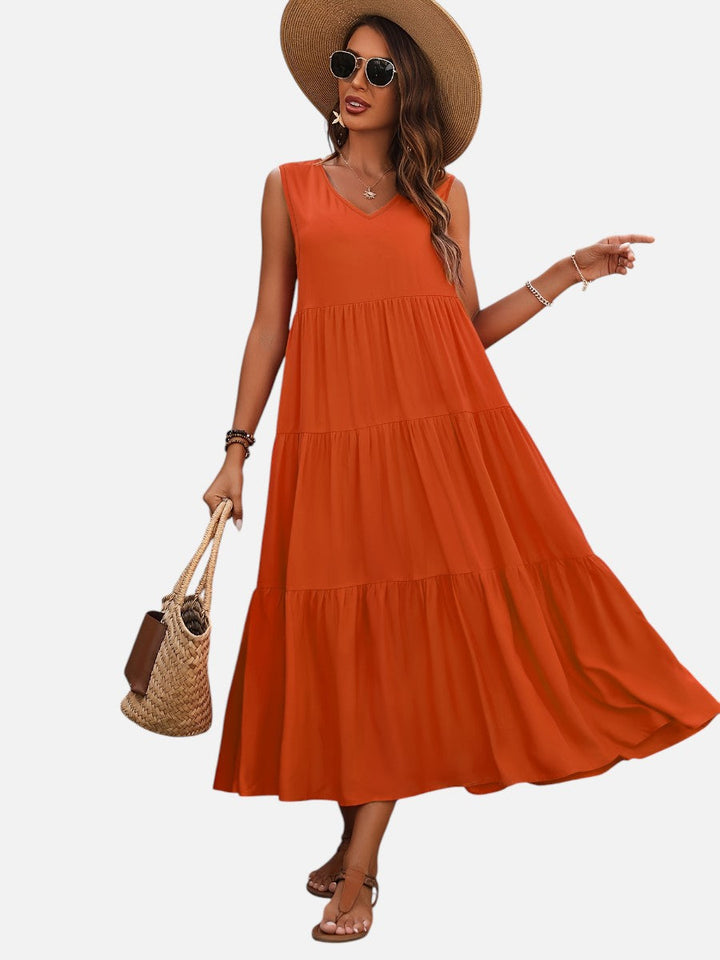 Women's V-Neck Tiered Maxi Dress – Effortless Summer Elegance in Green | Invictora.com