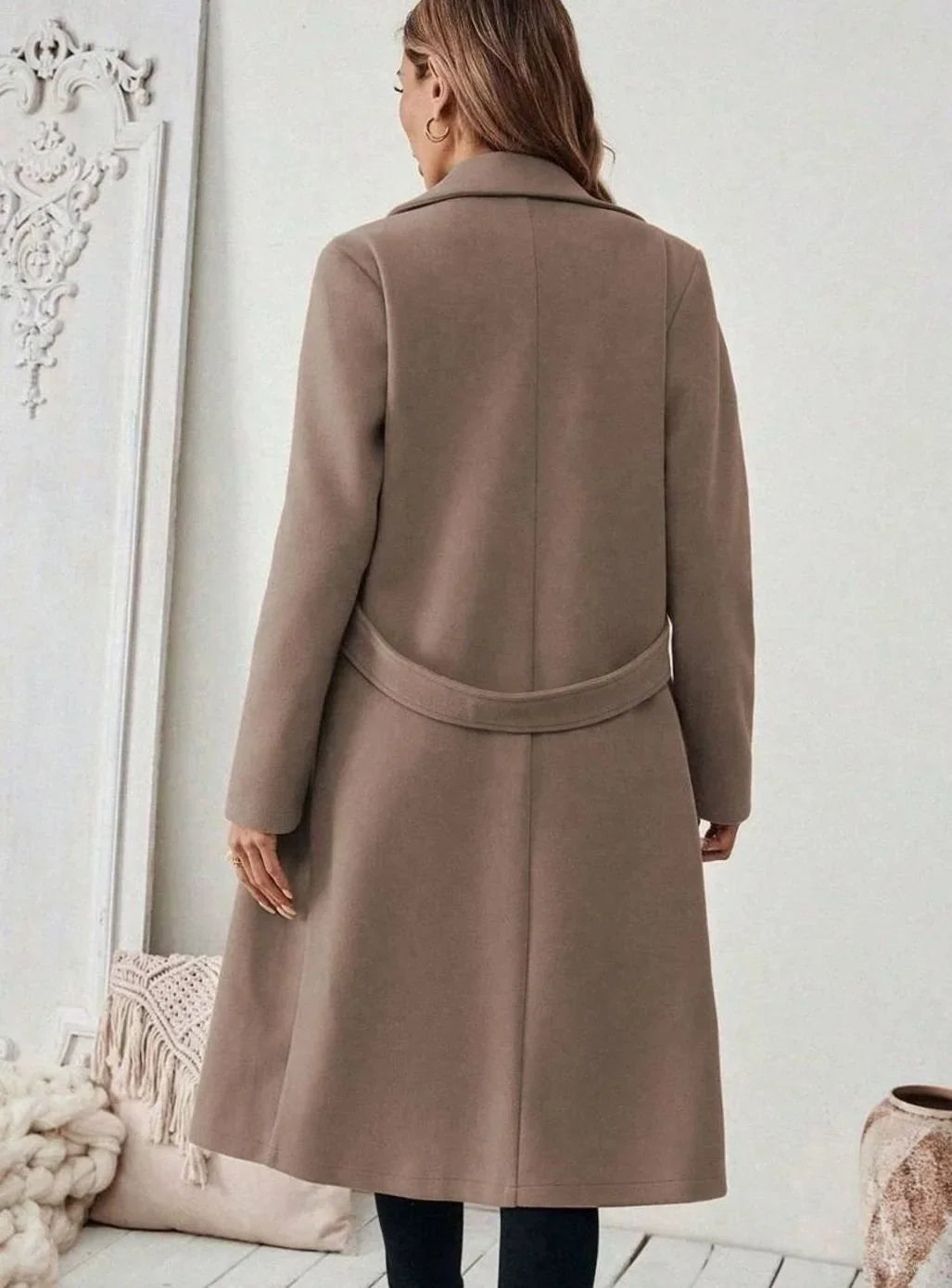 Women's Belted Long Wool Coat – Wide Collar