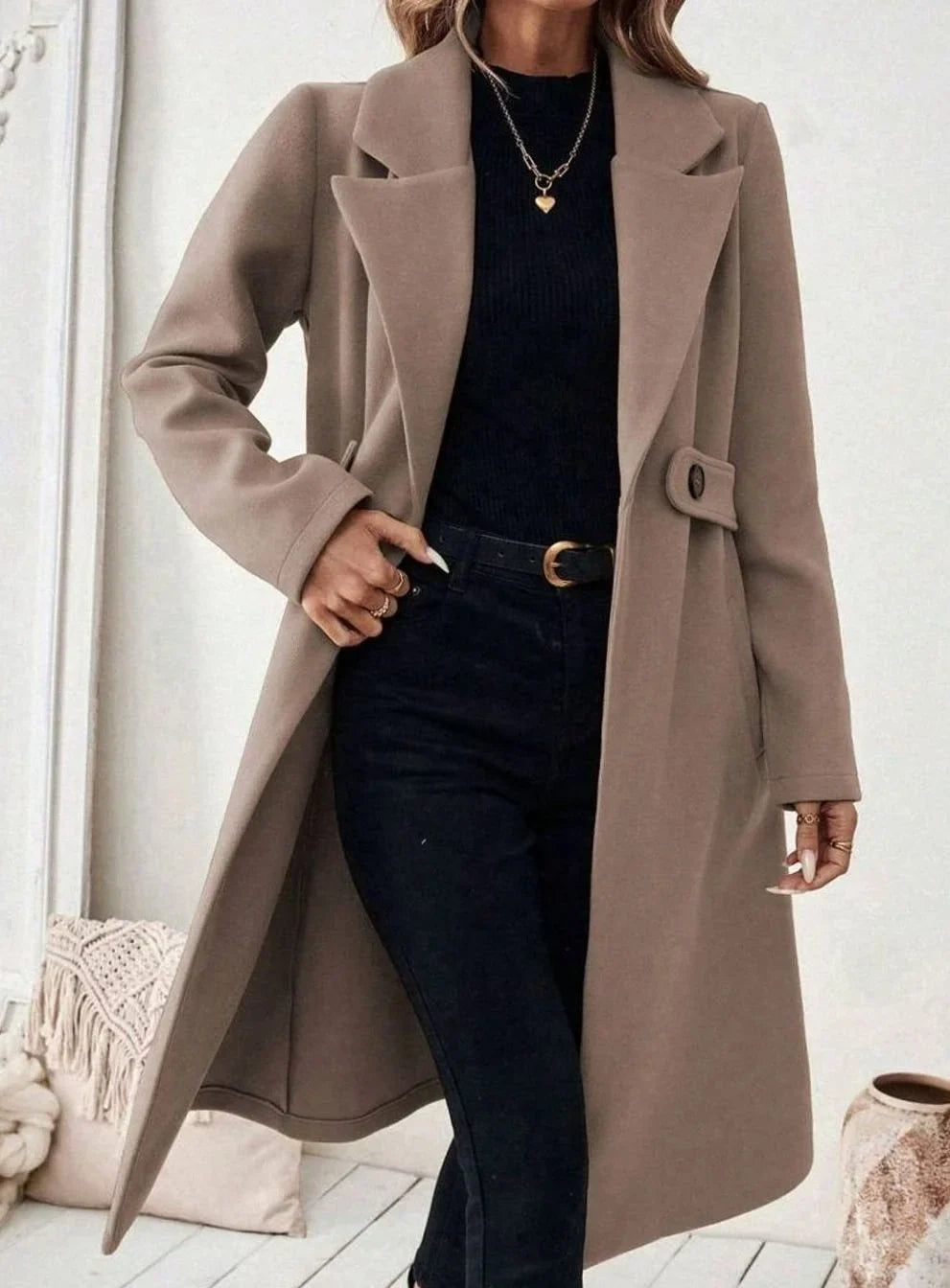 Women's Belted Long Wool Coat – Wide Collar