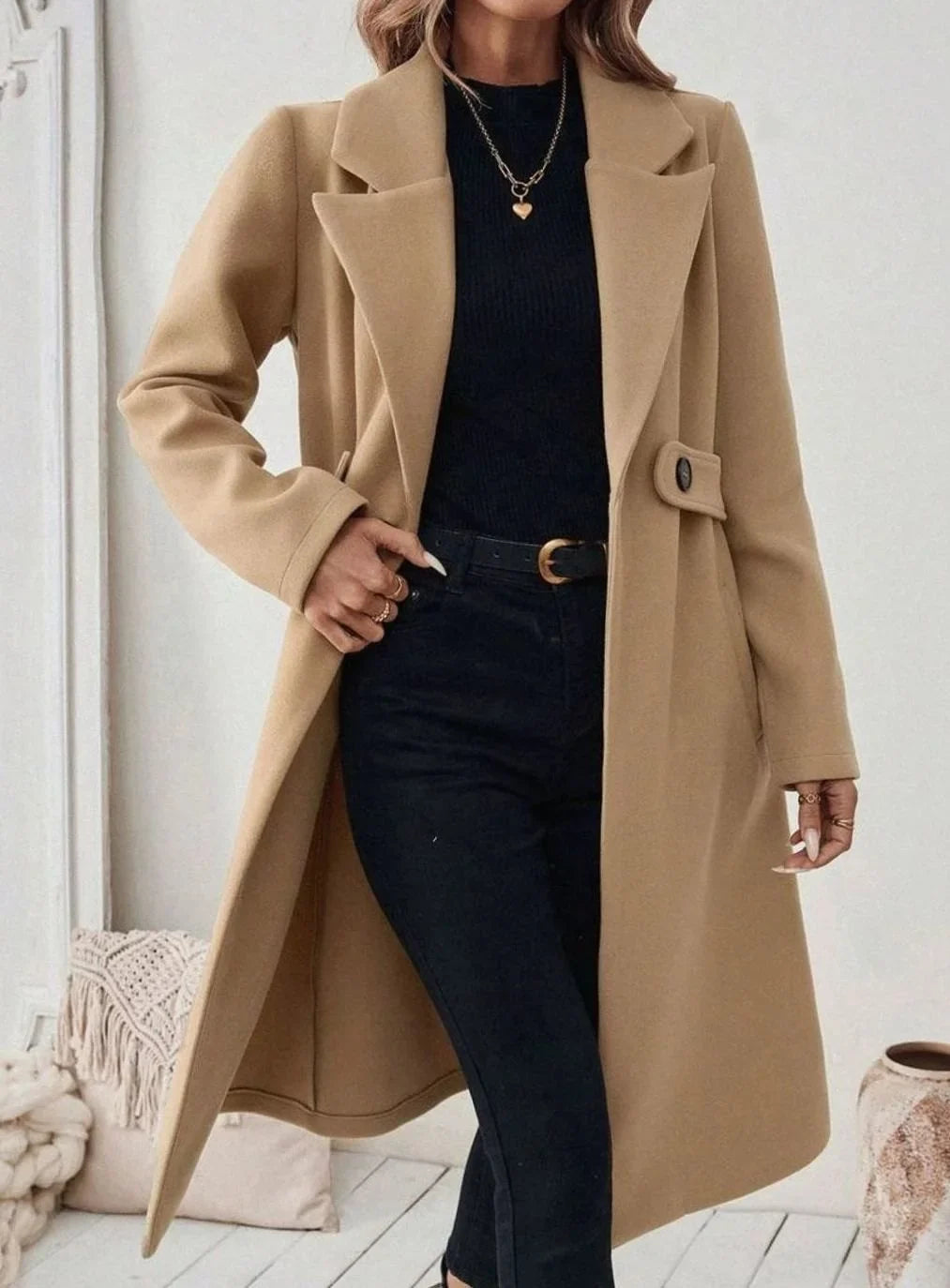Women's Belted Long Wool Coat – Wide Collar