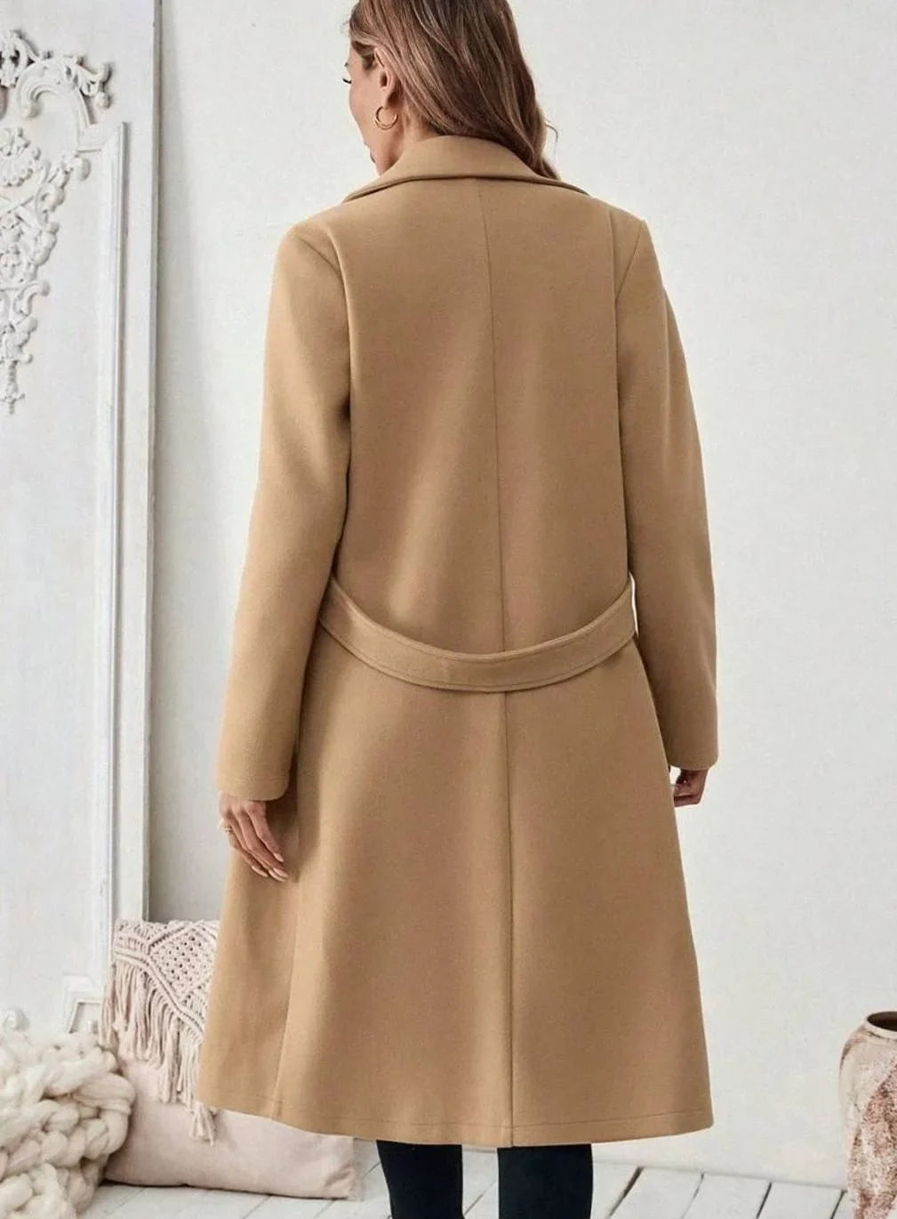 Women's Belted Long Wool Coat – Wide Collar