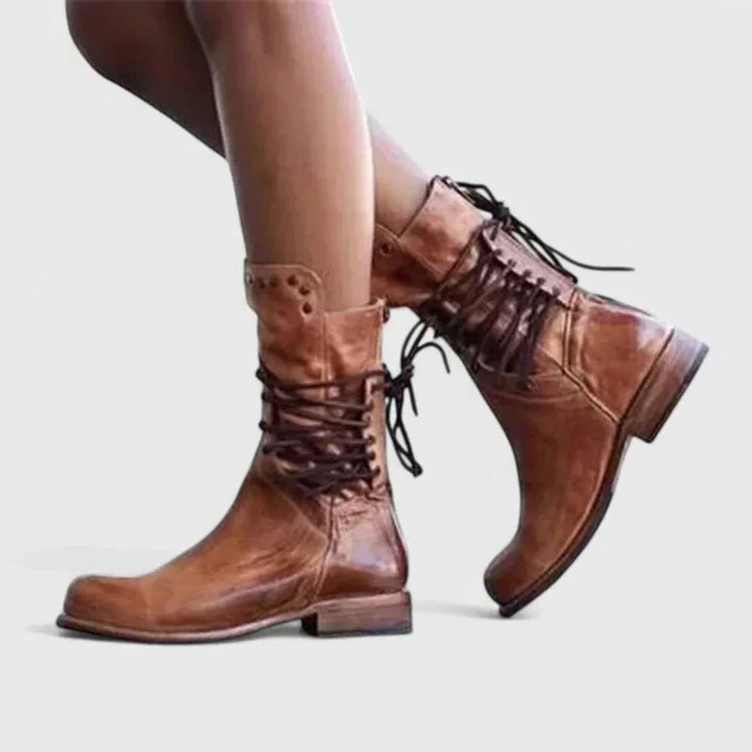 Women's Block Heel Leather Boots – Lace-Up