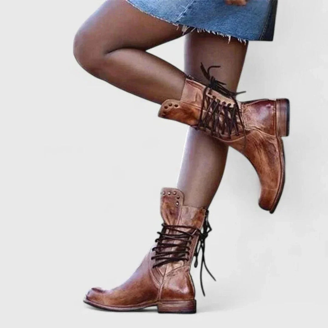 Women's Block Heel Leather Boots – Lace-Up