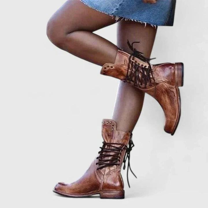 Women's Block Heel Leather Boots – Lace-Up