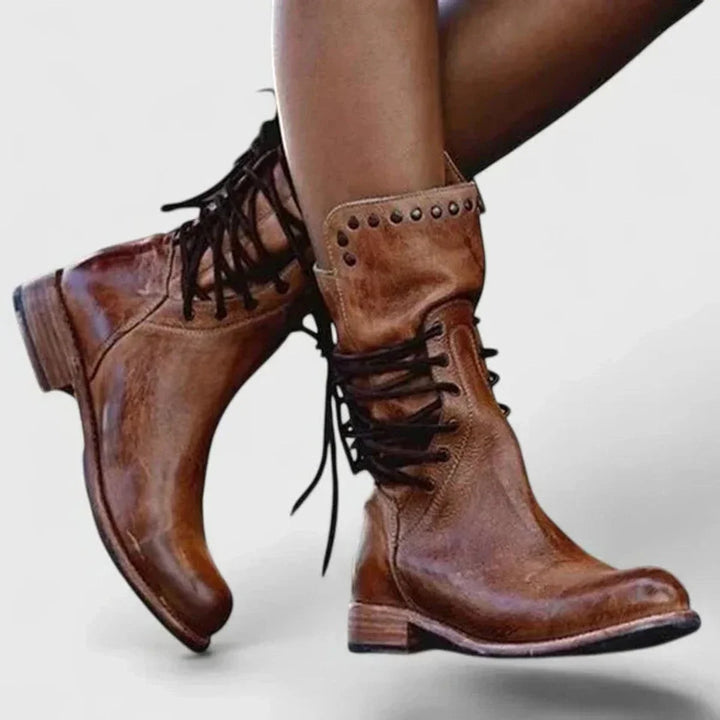 Women's Block Heel Leather Boots – Lace-Up