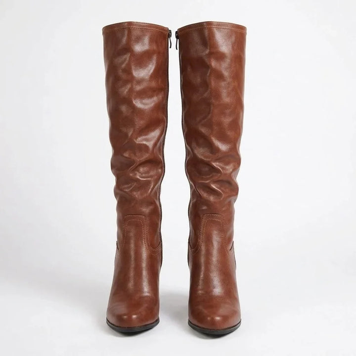 Women's Block Heel Leather Knee High Boots – Round Toe