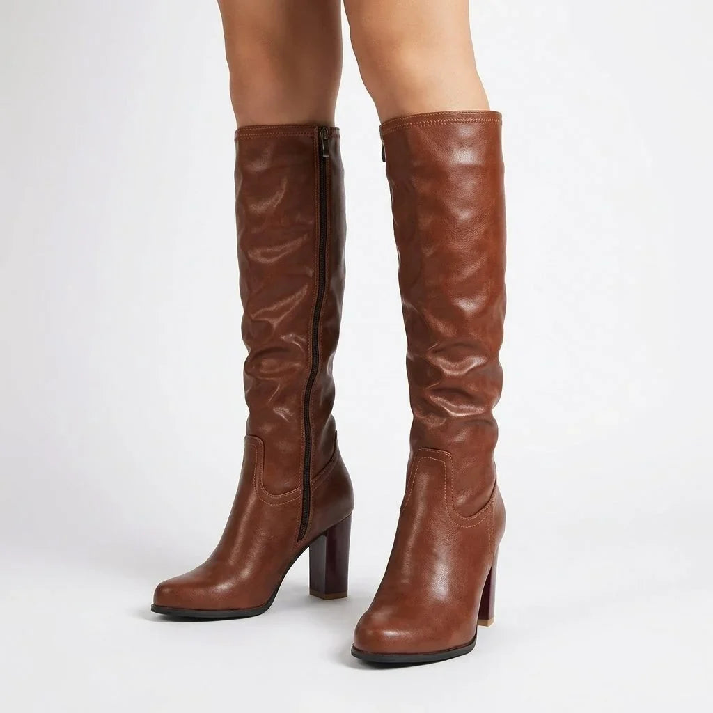 Women's Block Heel Leather Knee High Boots – Round Toe