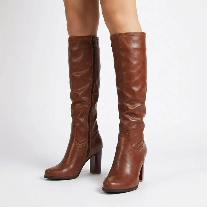 Women's Block Heel Leather Knee High Boots – Round Toe