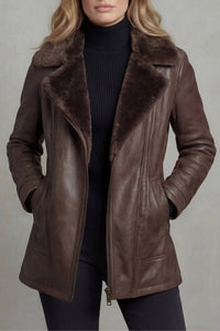 Women's Brown Leather Jacket – Shearling Collar And Warm Lining