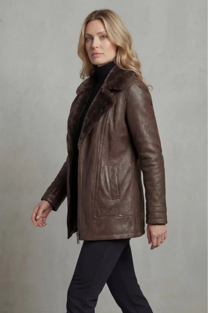 Women's Brown Leather Jacket – Shearling Collar And Warm Lining