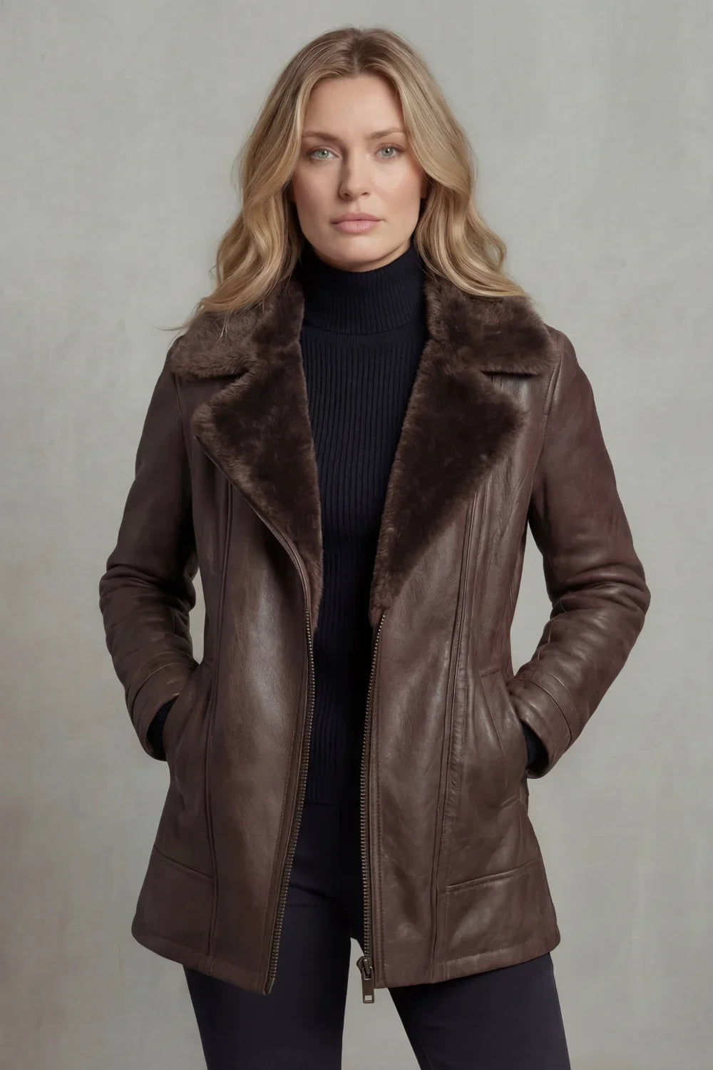 Women's Brown Leather Jacket – Shearling Collar And Warm Lining