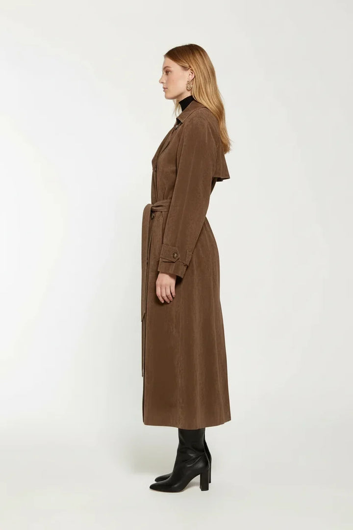 Women's Double-Breasted Suede Long Belted Trench Coat