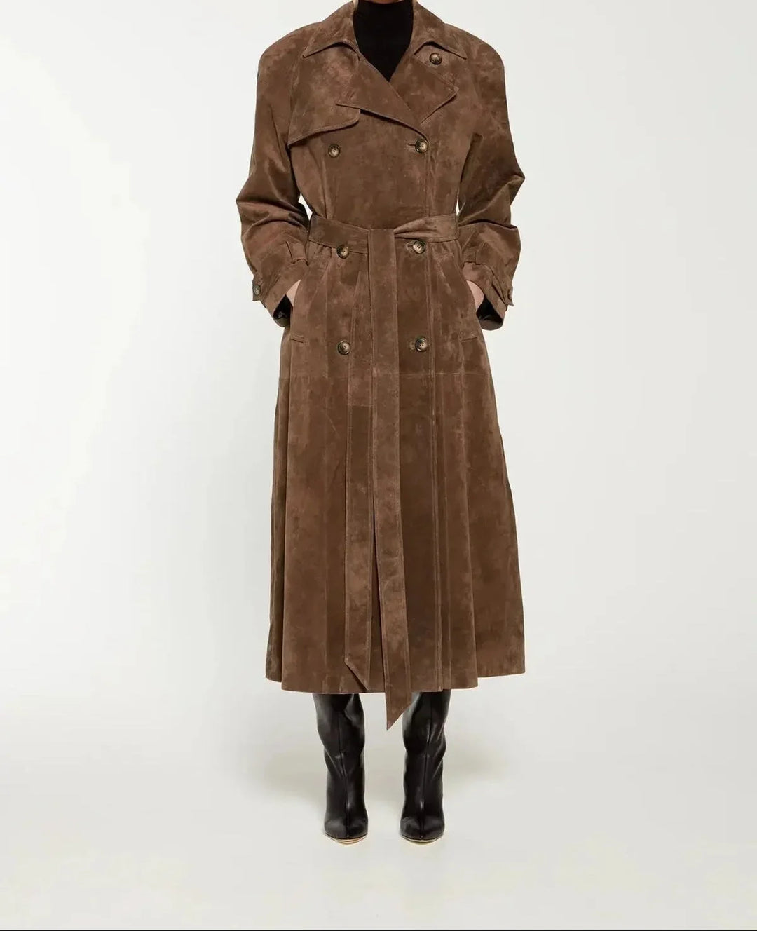 Women's Double-Breasted Suede Long Belted Trench Coat