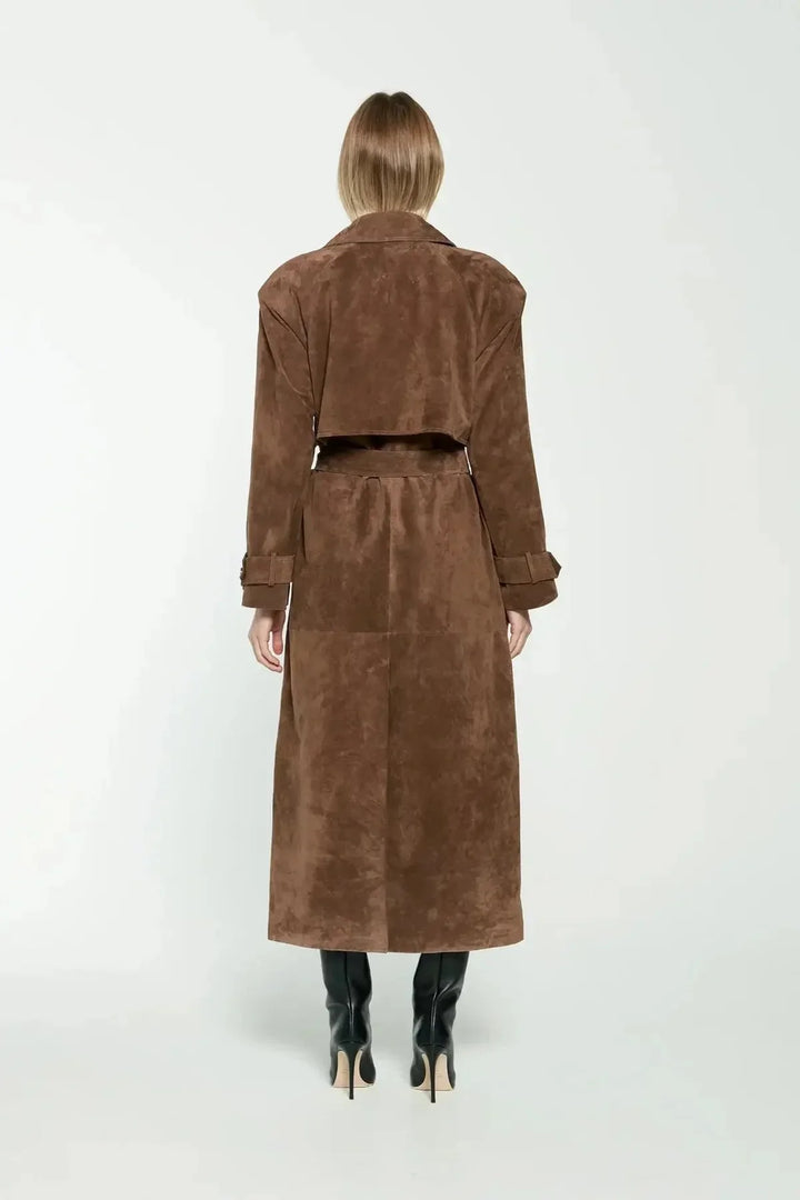 Women's Double-Breasted Suede Long Belted Trench Coat