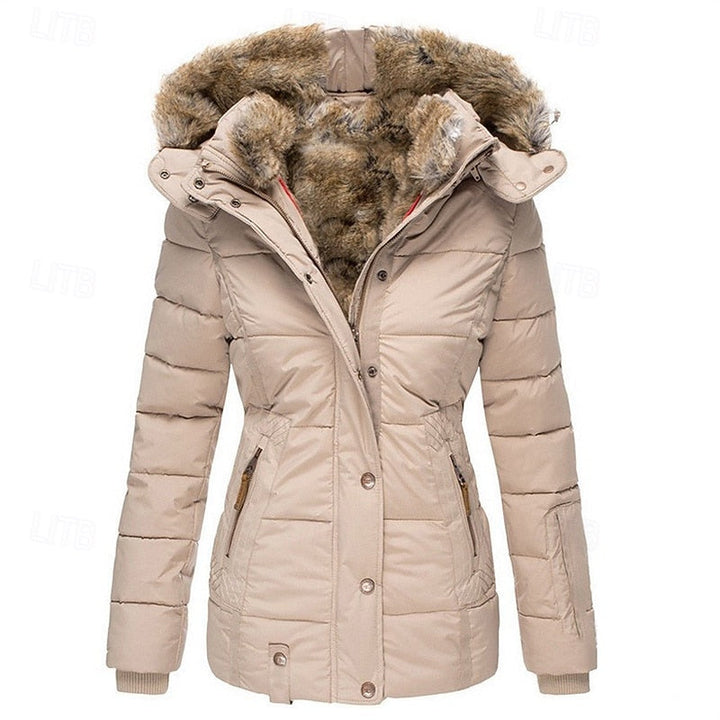 Hooded Puffer Jacket with Shaped Waist and Plush Trim