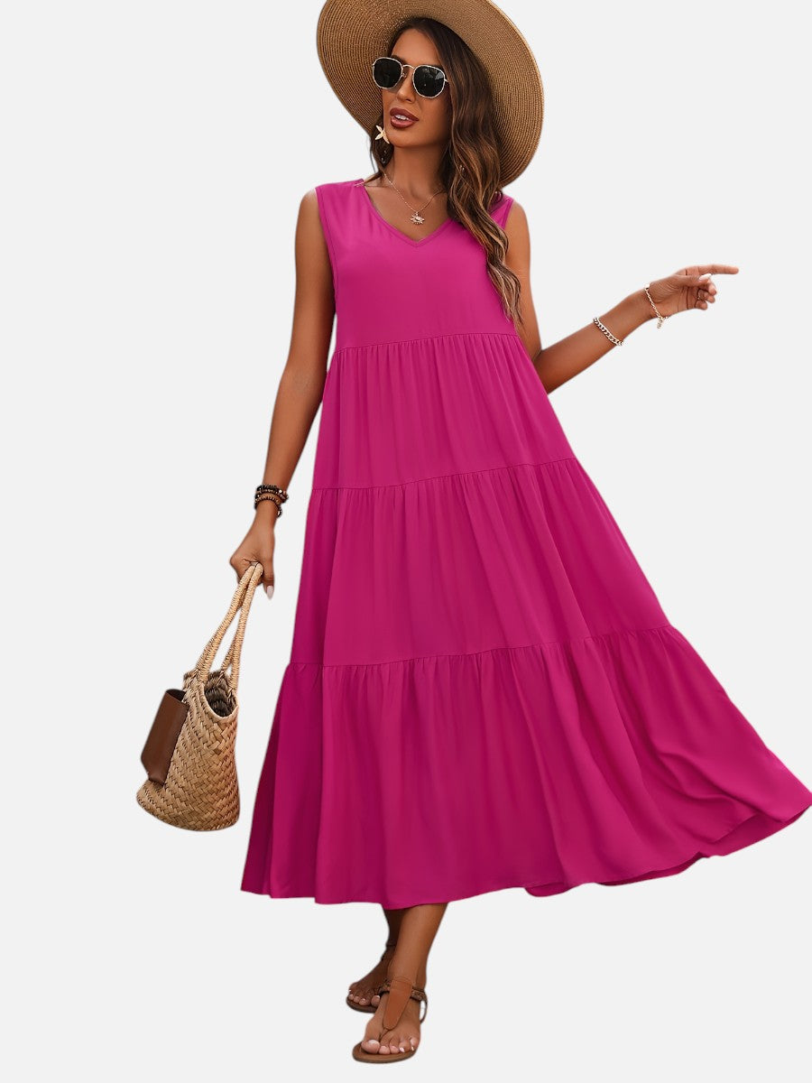 Women's V-Neck Tiered Maxi Dress – Effortless Summer Elegance in Green | Invictora.com