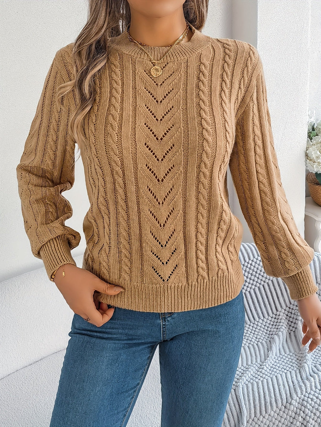 Women's Jumper – Textured Openwork Crew Neck Knit