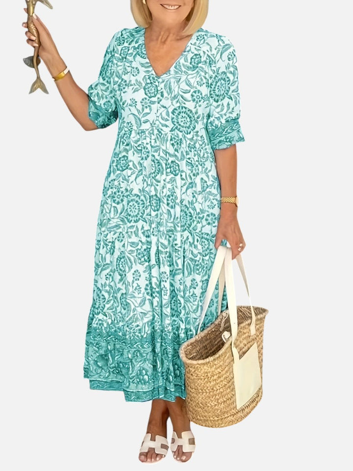 Women's Floral V-Neck Midi Dress – Relaxed Summer Elegance in Purple | Invictora.com