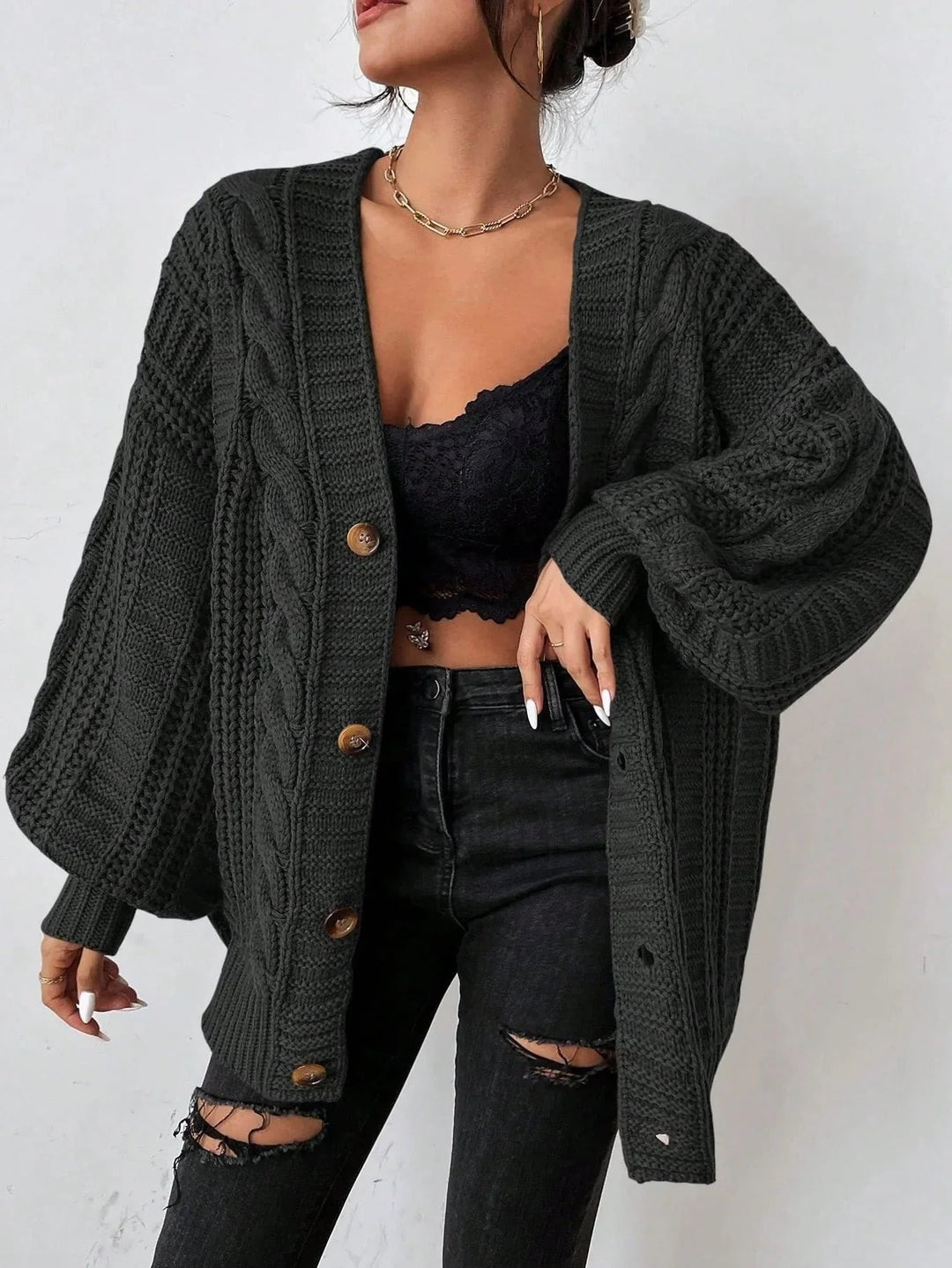 Women's Cable Knit Oversized Button-Down Cardigan
