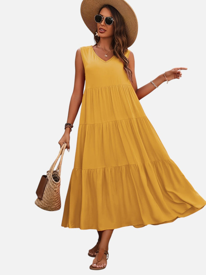 Women's V-Neck Tiered Maxi Dress – Effortless Summer Elegance in Yellow | Invictora.com