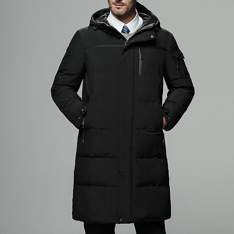 Extended-Length Hooded Puffer Coat with Zip Pockets