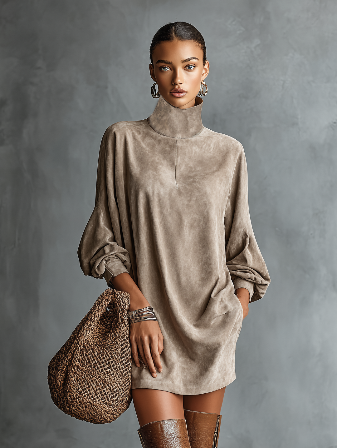 Women's Dress – Faux Suede Roll-Neck Long-Sleeve