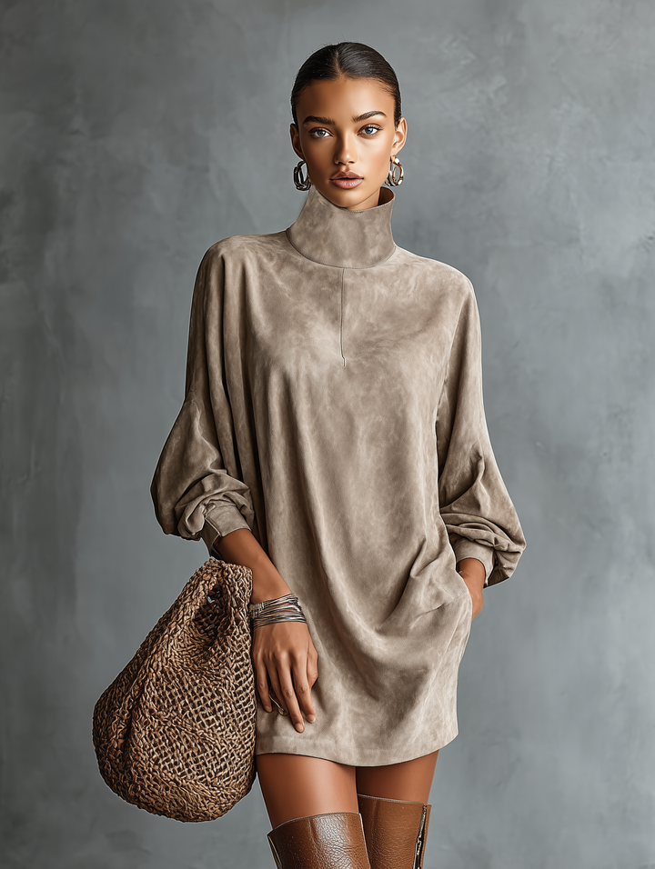 Women's Dress – Faux Suede Roll-Neck Long-Sleeve