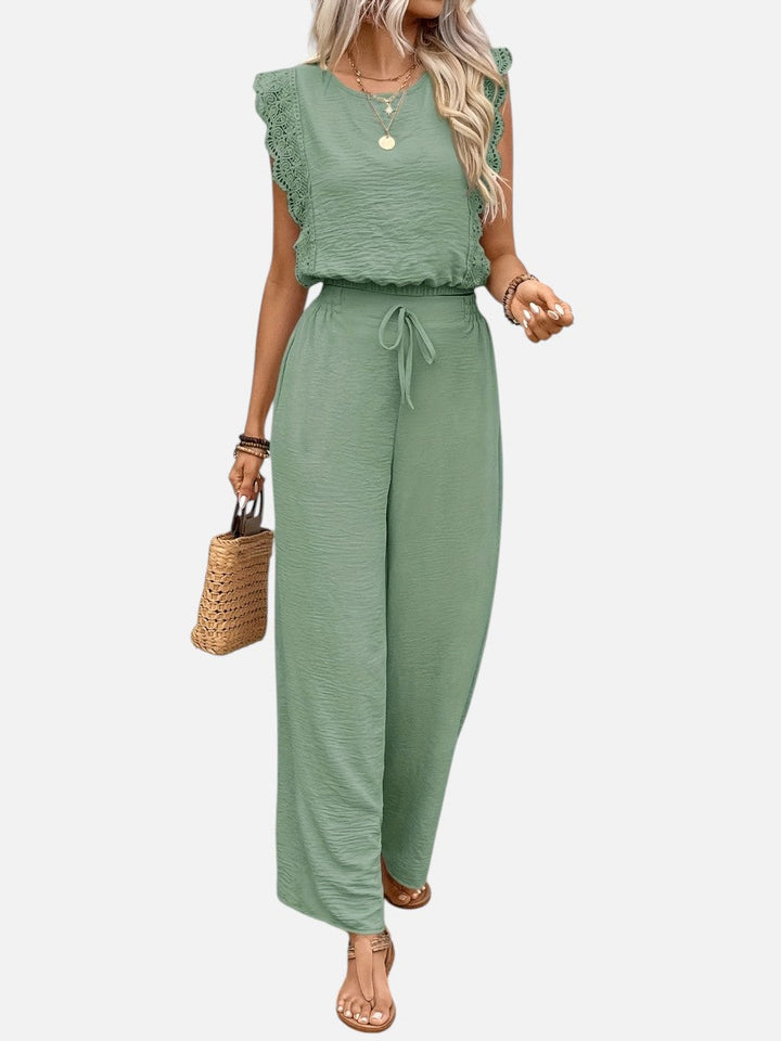 Women's Two Piece Outfit Set – Relaxed Top & Wide Leg Trousers in Light Green | Invictora.com
